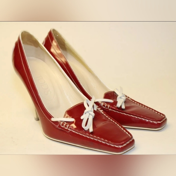 Tod's Womens Leather Square Toe Italy High Heeled Boat Shoes red 6 - Picture 2 of 16